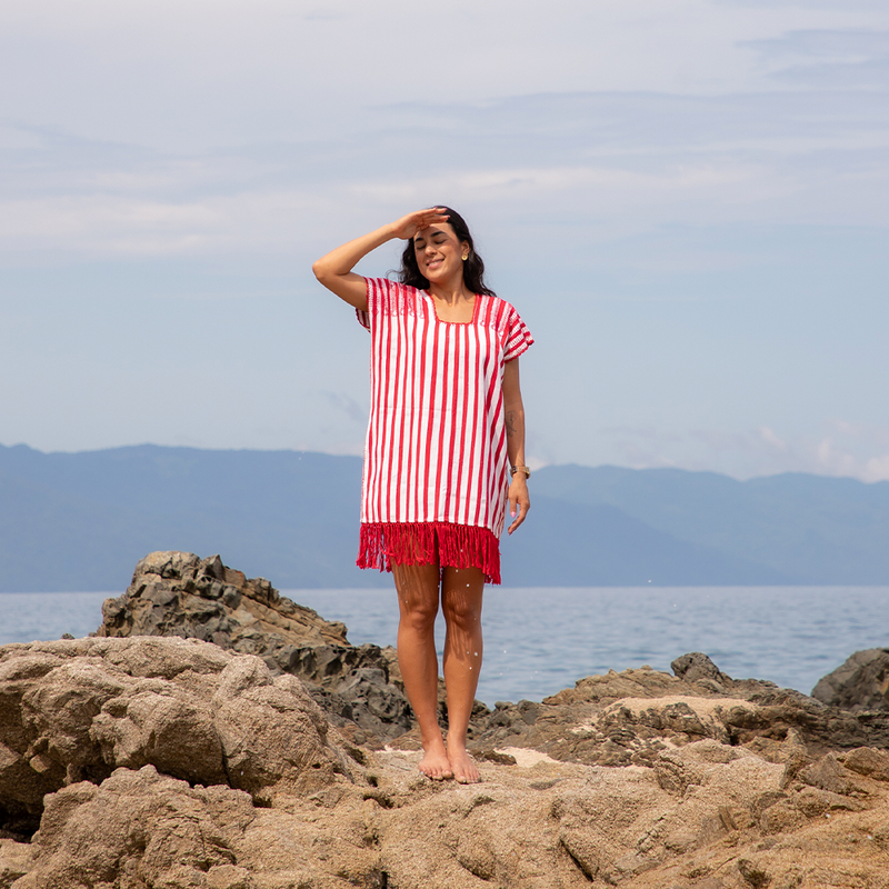 Huipil mexicano rojo rayado